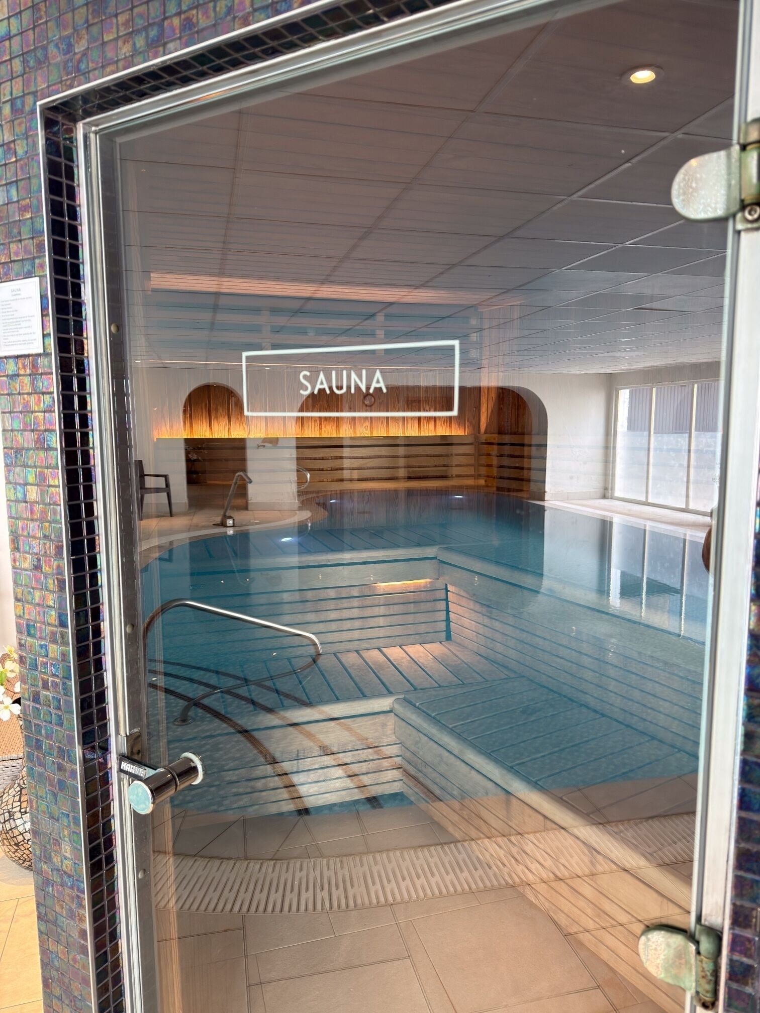 A glass door leading to a sauna area with a pool, wooden benches, and a sign that reads 'SAUNA'.