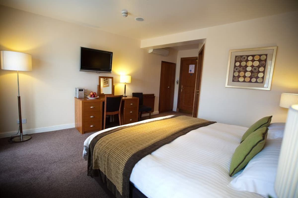 A hotel room with a bed, a desk, a chair, a television, and a framed picture on the wall.