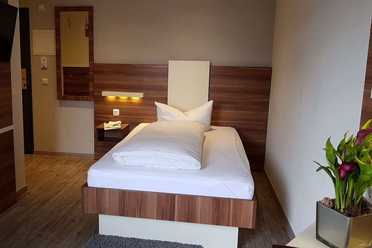 A hotel room with a wooden headboard, a bed with white linens, a bedside table with a lamp, and a potted plant.
