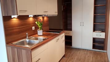 Kühlschrank, Mikrowelle, Herdplatte, Wasserkocher mit Kaffee-/Teezubehör