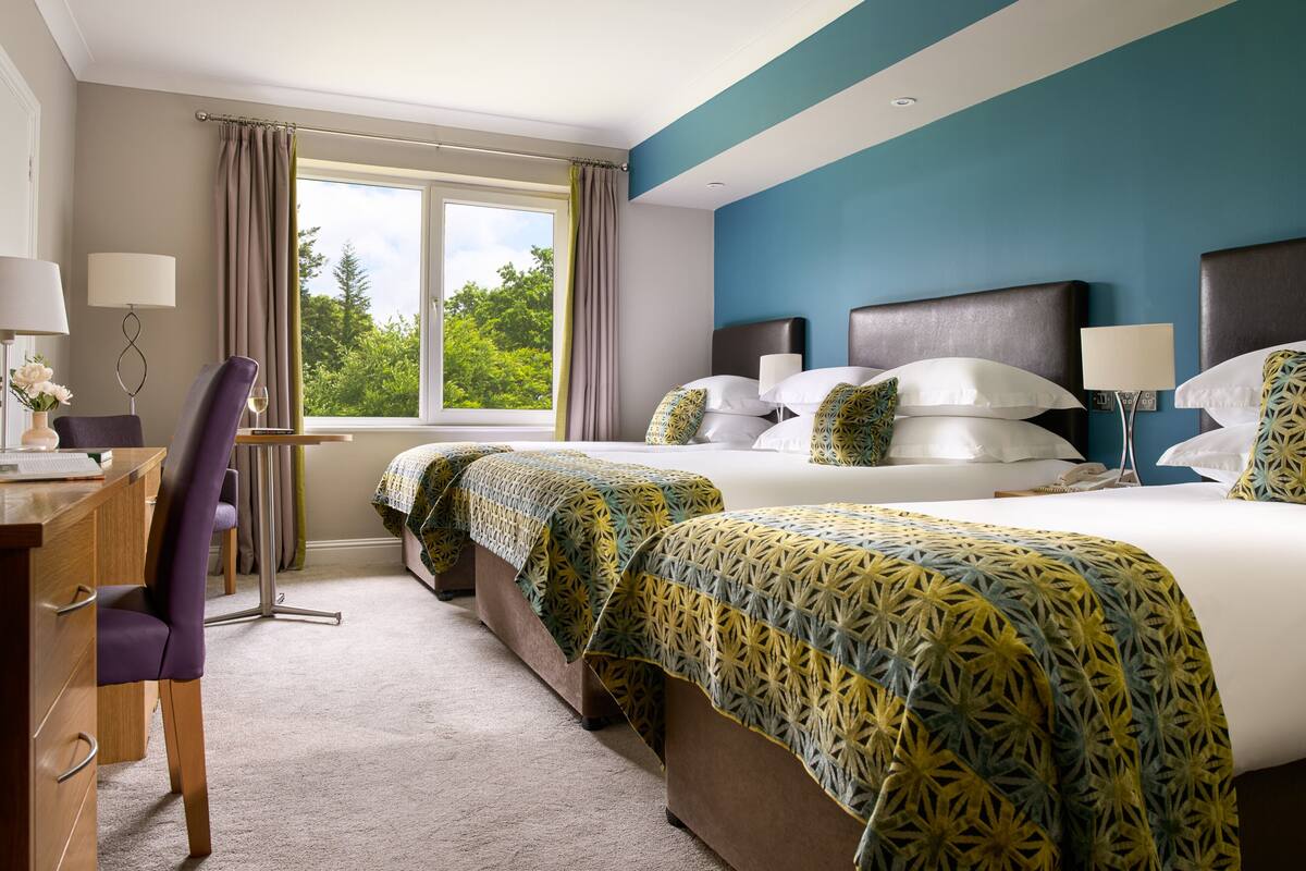Une chambre d’hôtel avec un bureau, deux lits recouverts de couvre-lits à motifs, une chaise et une vue sur la verdure environnante.