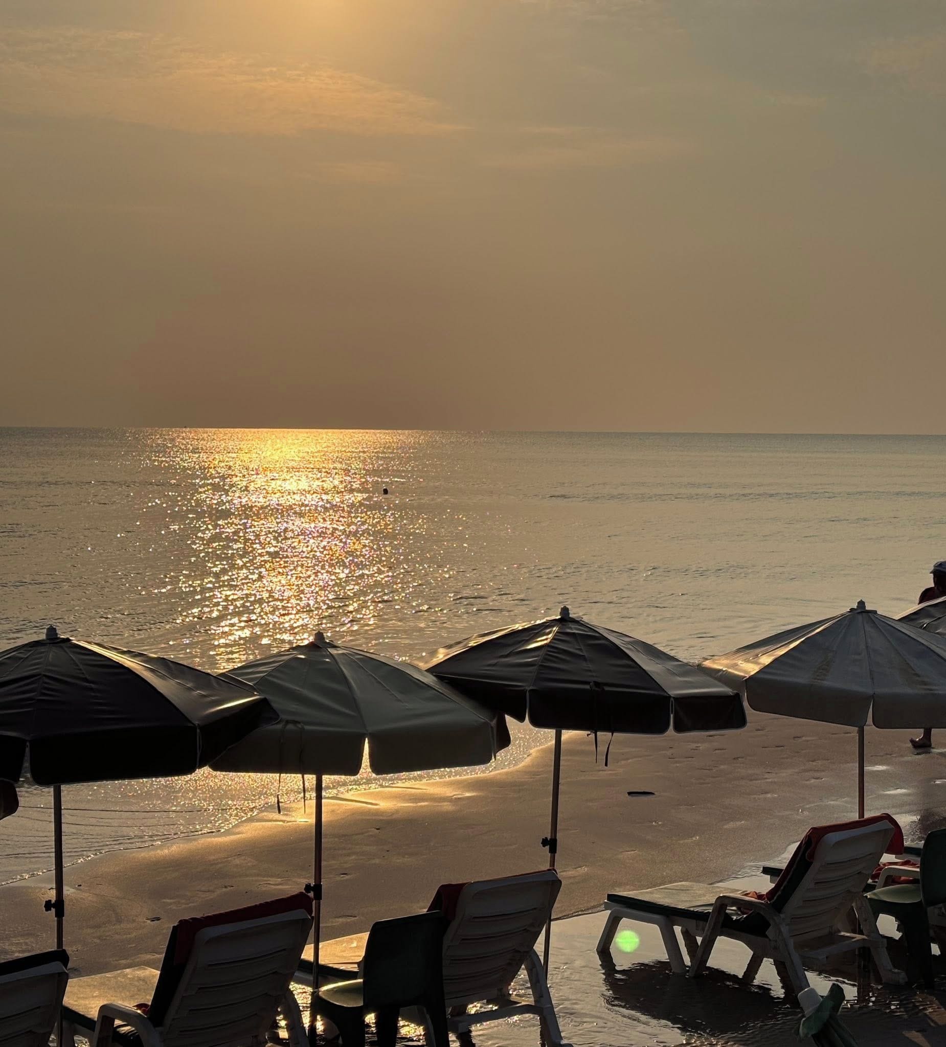 A beach with sun umbrellas and lounge chairs.