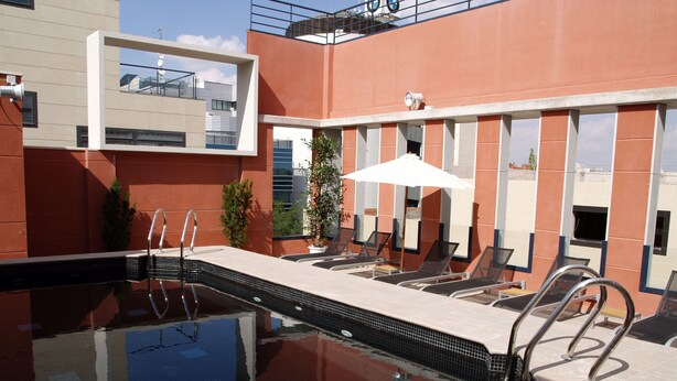 Piscina com área de espreguiçadeiras, escada e uma pequena planta.
