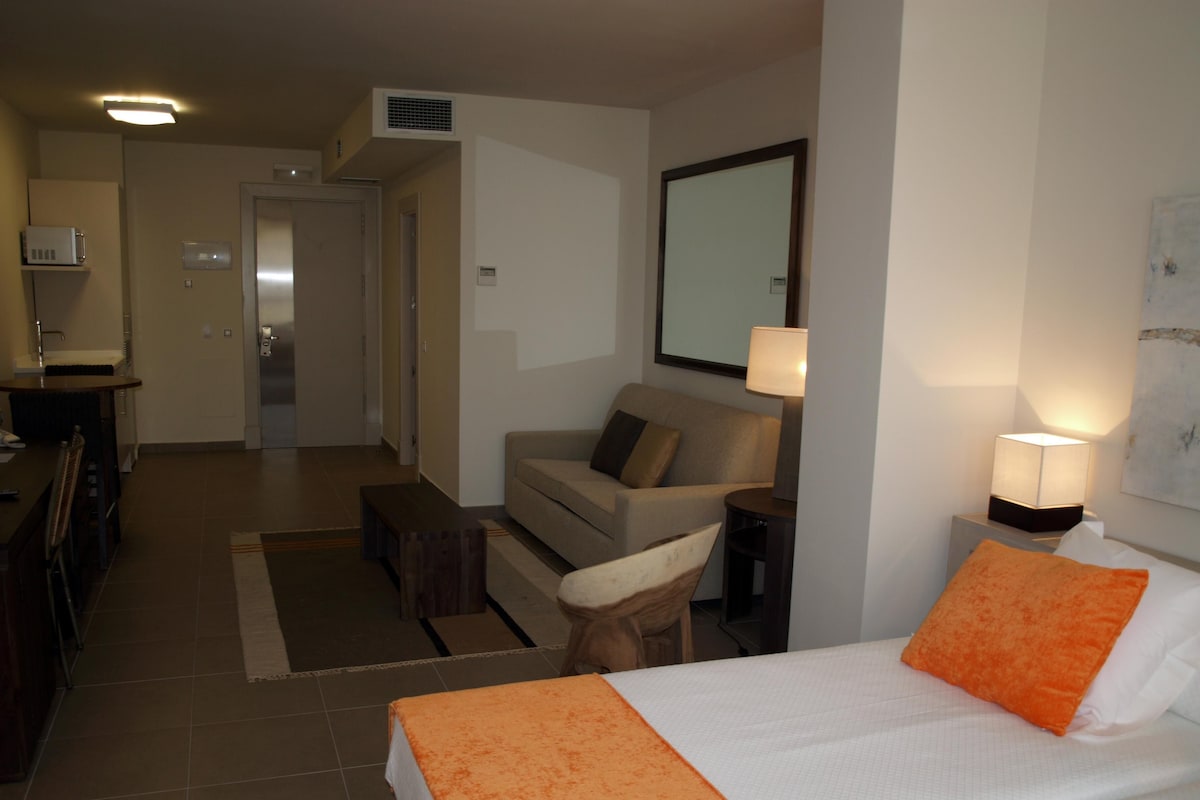 A hotel room with a bed, a sofa, a desk, and a kitchenette.