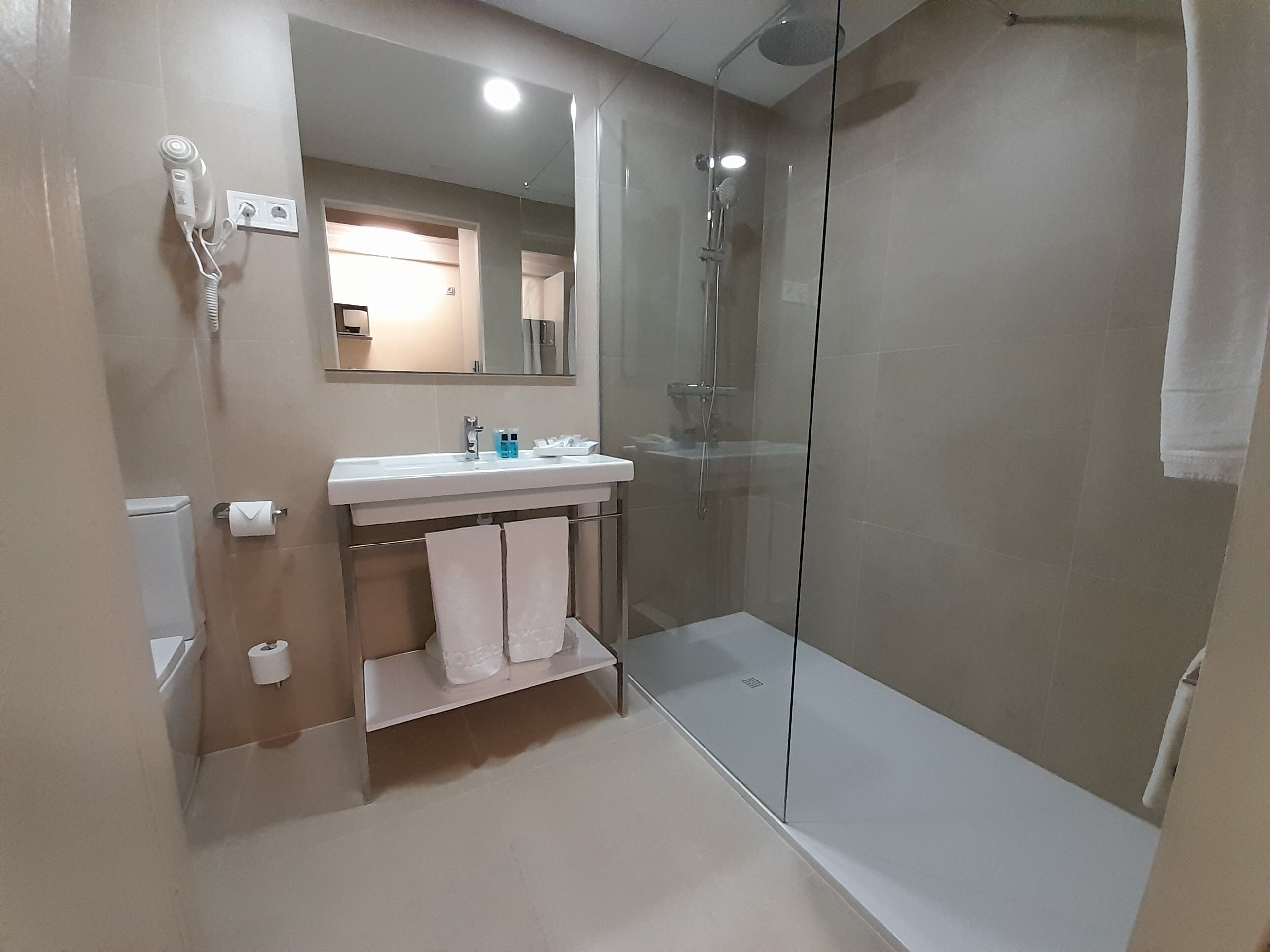 shower, free toiletries, hair dryer, towels