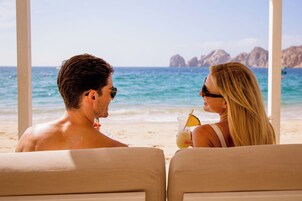 Private beach, beach umbrellas, beach towels, beach massages