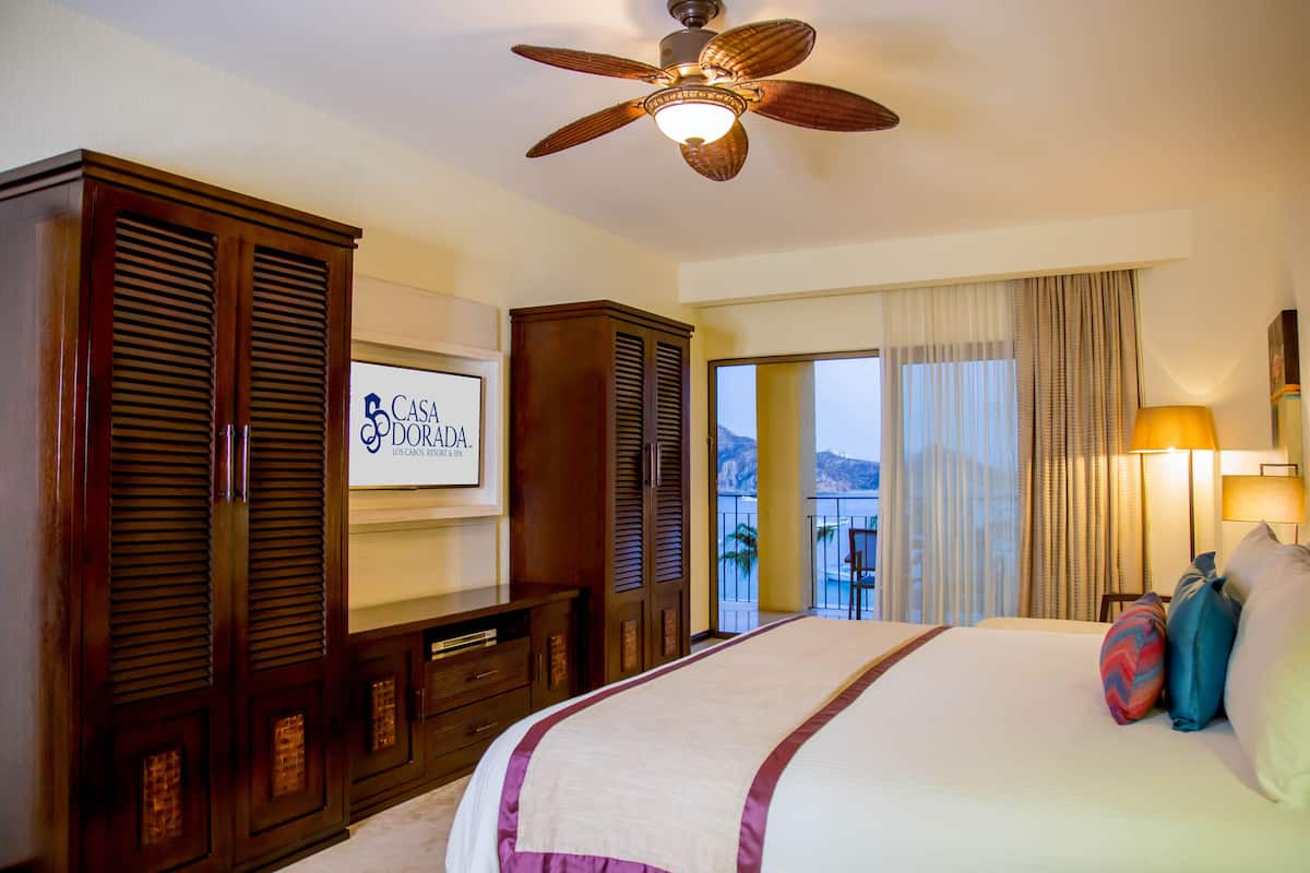 A hotel room with a bed, a ceiling fan, a TV, and a view of the outdoors.