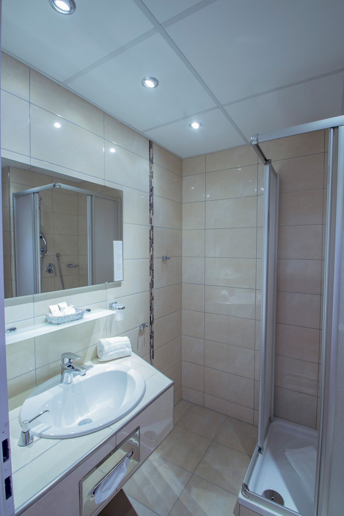 Une salle de bain moderne avec un grand miroir, un lavabo et une douche.