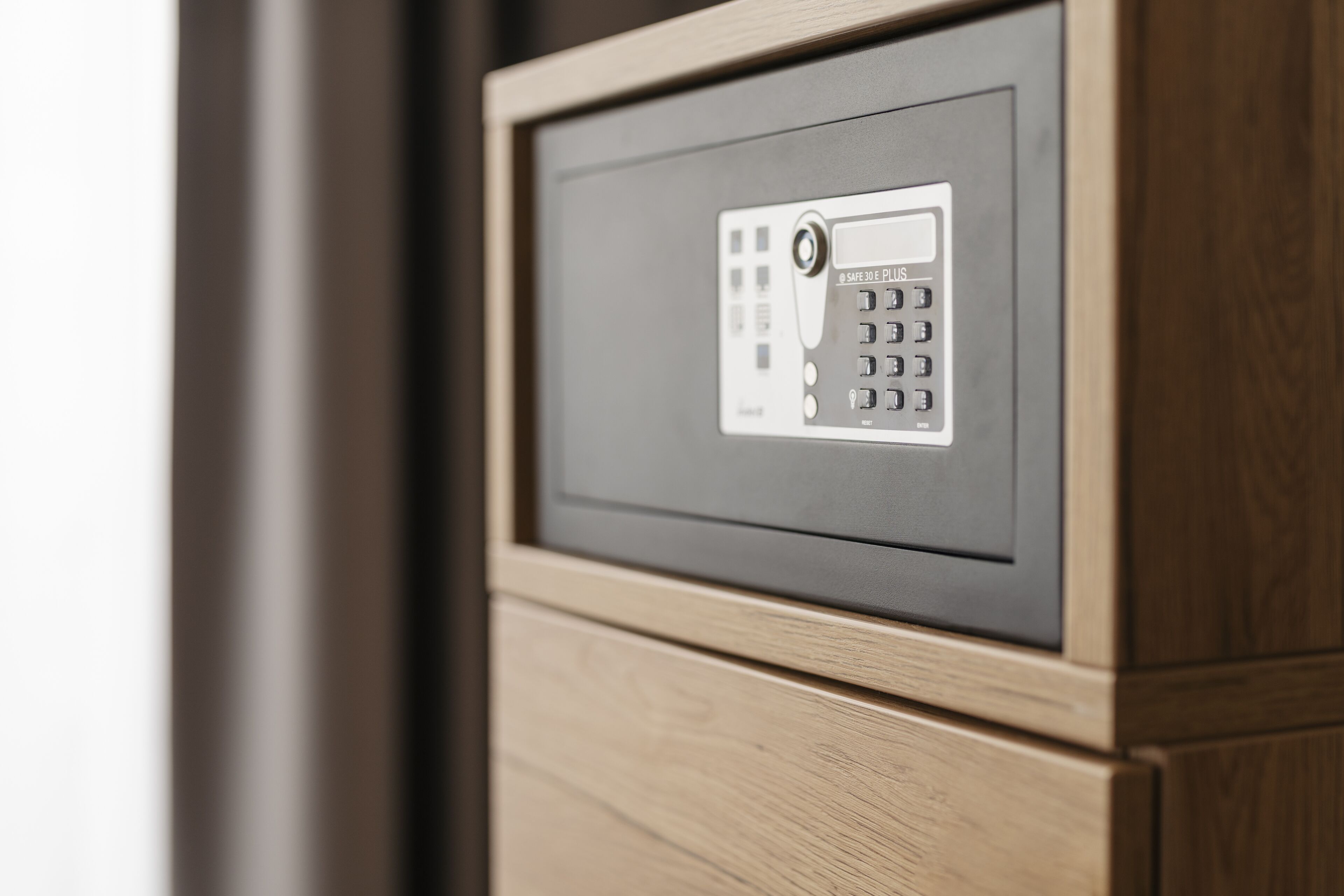 A close-up of a secure electronic keypad with a "SAFE 10E PLUS" label, part of a wooden-framed security panel.