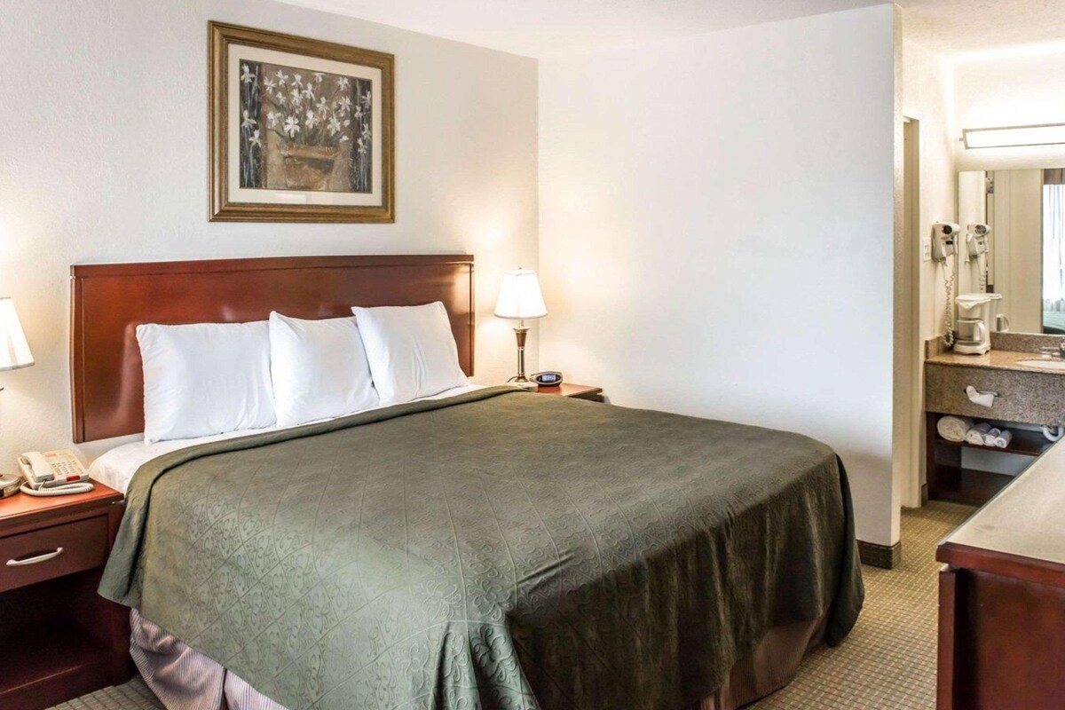 Habitación de hotel con cama, mesita de noche con lámpara, teléfono y un cuadro en la pared.