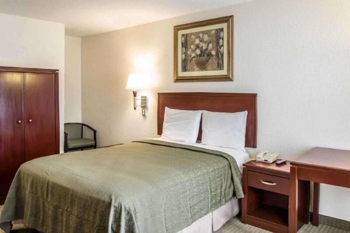 Una habitación de hotel con una cama, una mesita de noche, un escritorio, una lámpara, un armario y un cuadro en la pared.