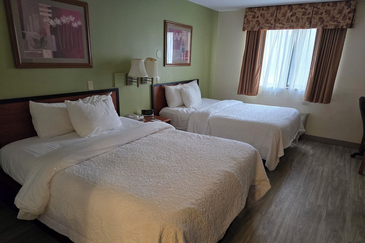 Habitación de hotel con dos camas, una mesita de noche, una lámpara y una ventana con cortinas.