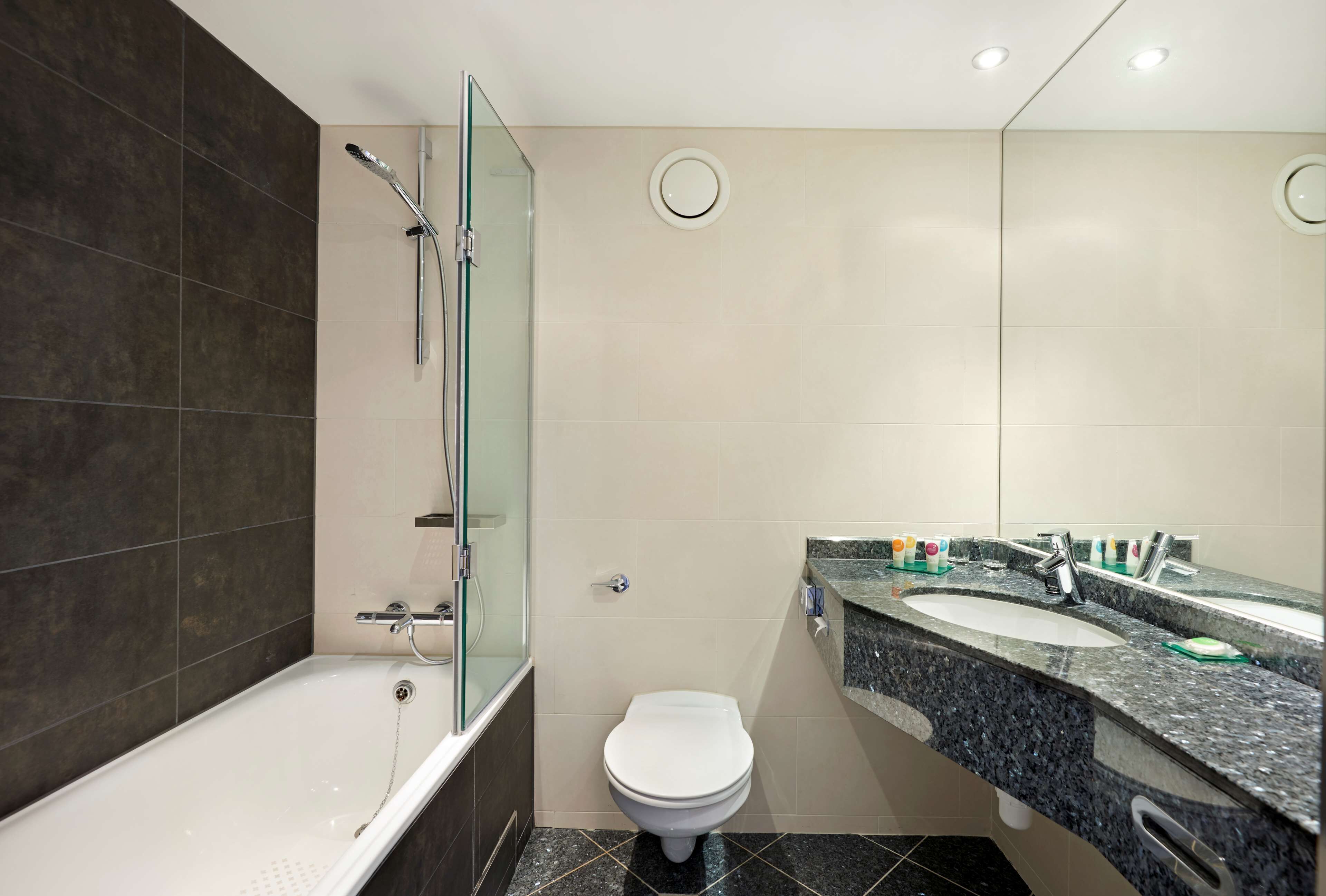 combined shower/bathtub, free toiletries, hair dryer, towels