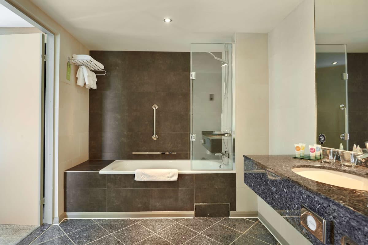 combined shower/bathtub, free toiletries, hair dryer, towels