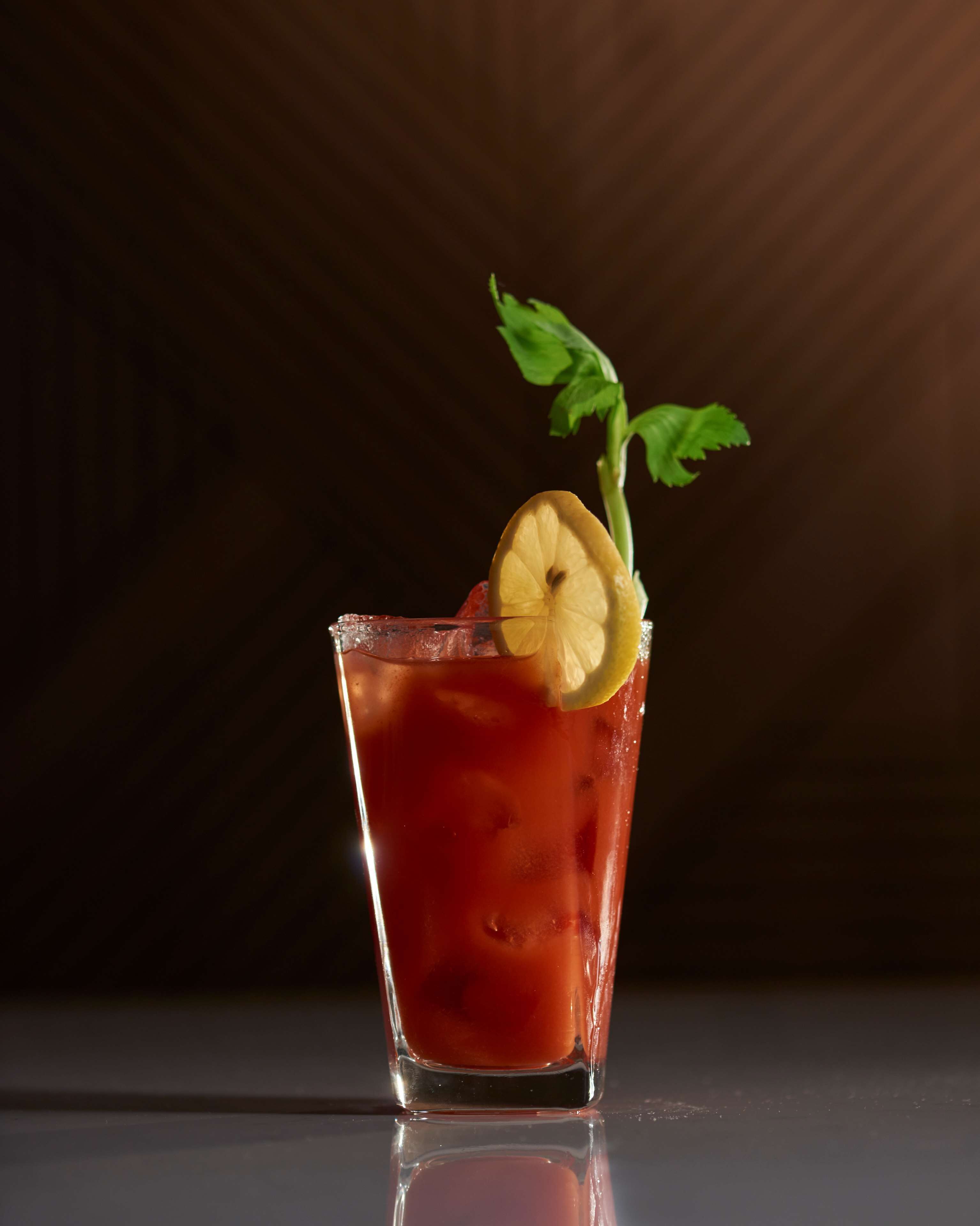 A tall glass with a red beverage, garnished with a lemon slice and a sprig of mint.