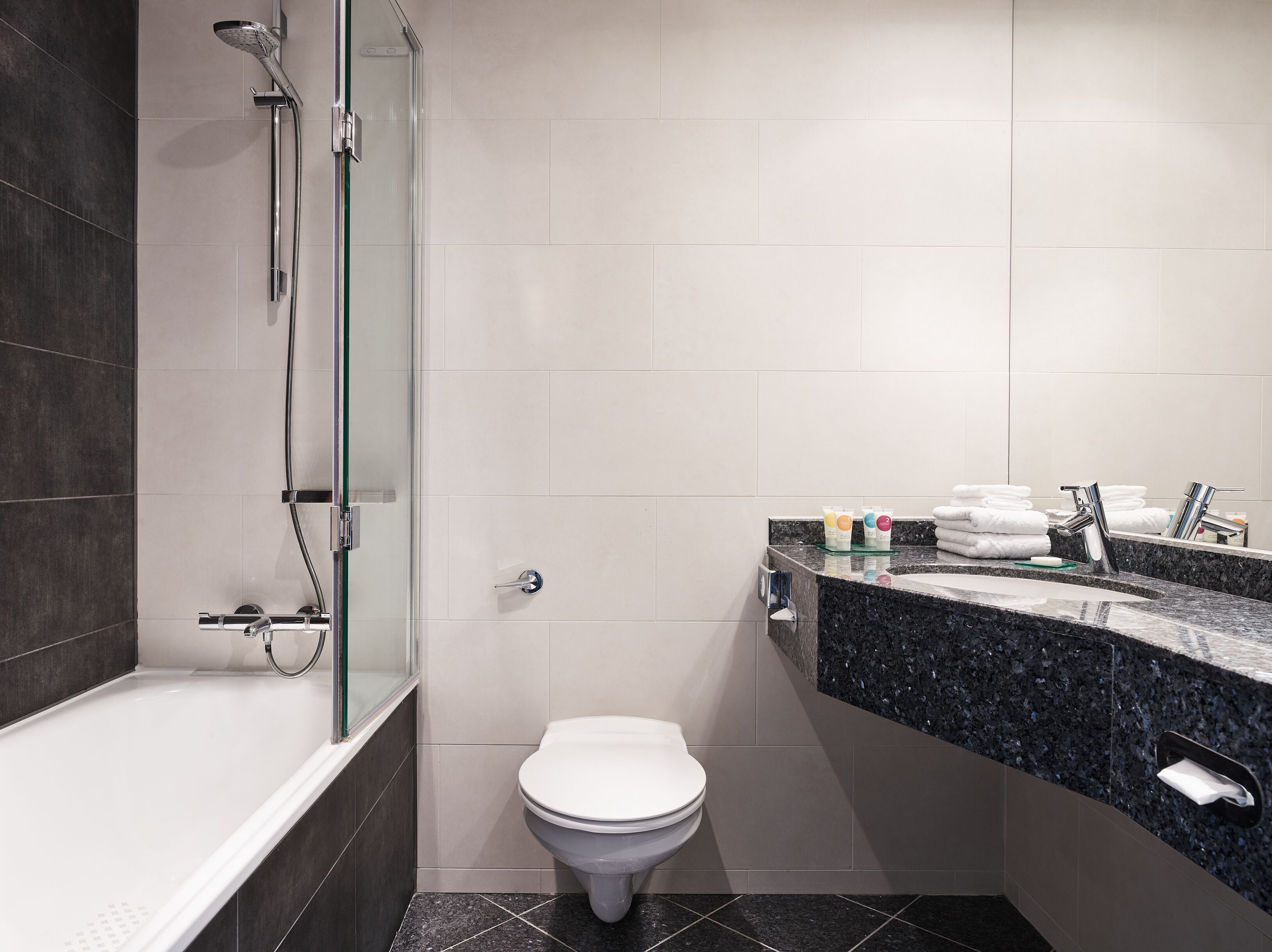 combined shower/bathtub, free toiletries, hair dryer, towels