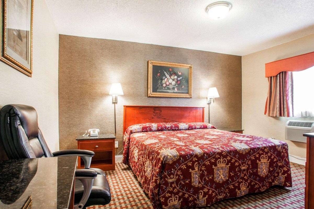 Una camera d'albergo con un letto, una scrivania, una sedia, un comodino, due lampade a parete e un quadro appeso al muro.