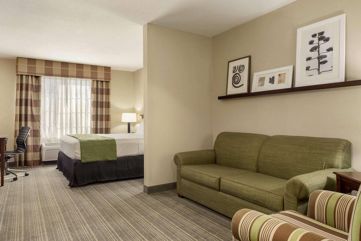 Una habitación de hotel con una cama, un sofá verde, un sillón a rayas, un escritorio con una silla y una lámpara.