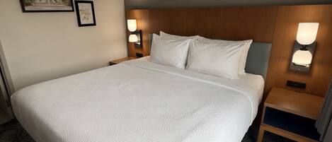 A hotel room with a large bed, two bedside tables, and wall-mounted lamps.