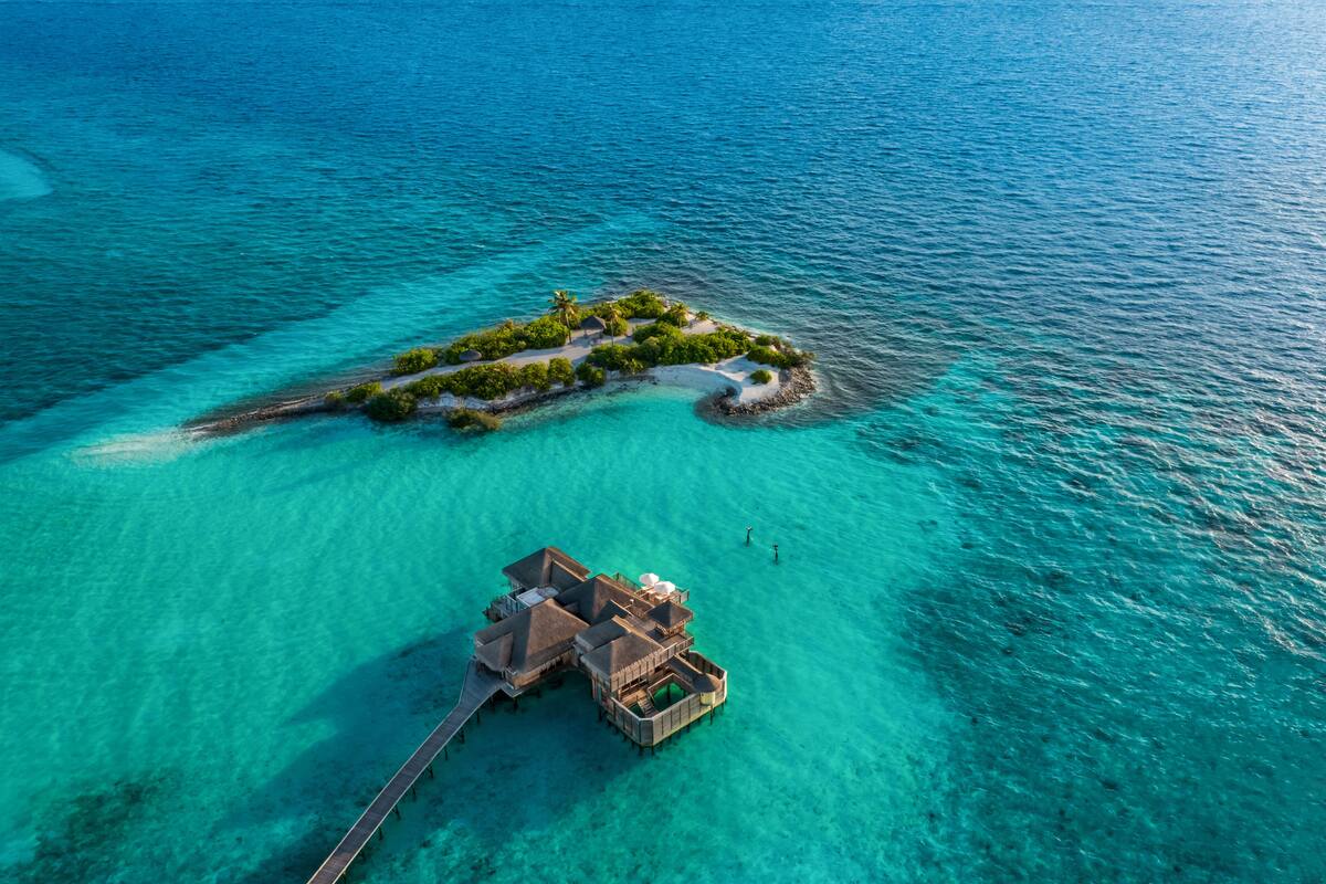 Ein Bungalow auf Stelzen über türkisfarbenem Wasser, mit einem privaten Steg, umgeben von üppiger Vegetation.