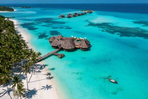 Un complexe hôtelier proposant des bungalows sur pilotis, avec toits de chaume, une jetée et des eaux turquoise cristallines.