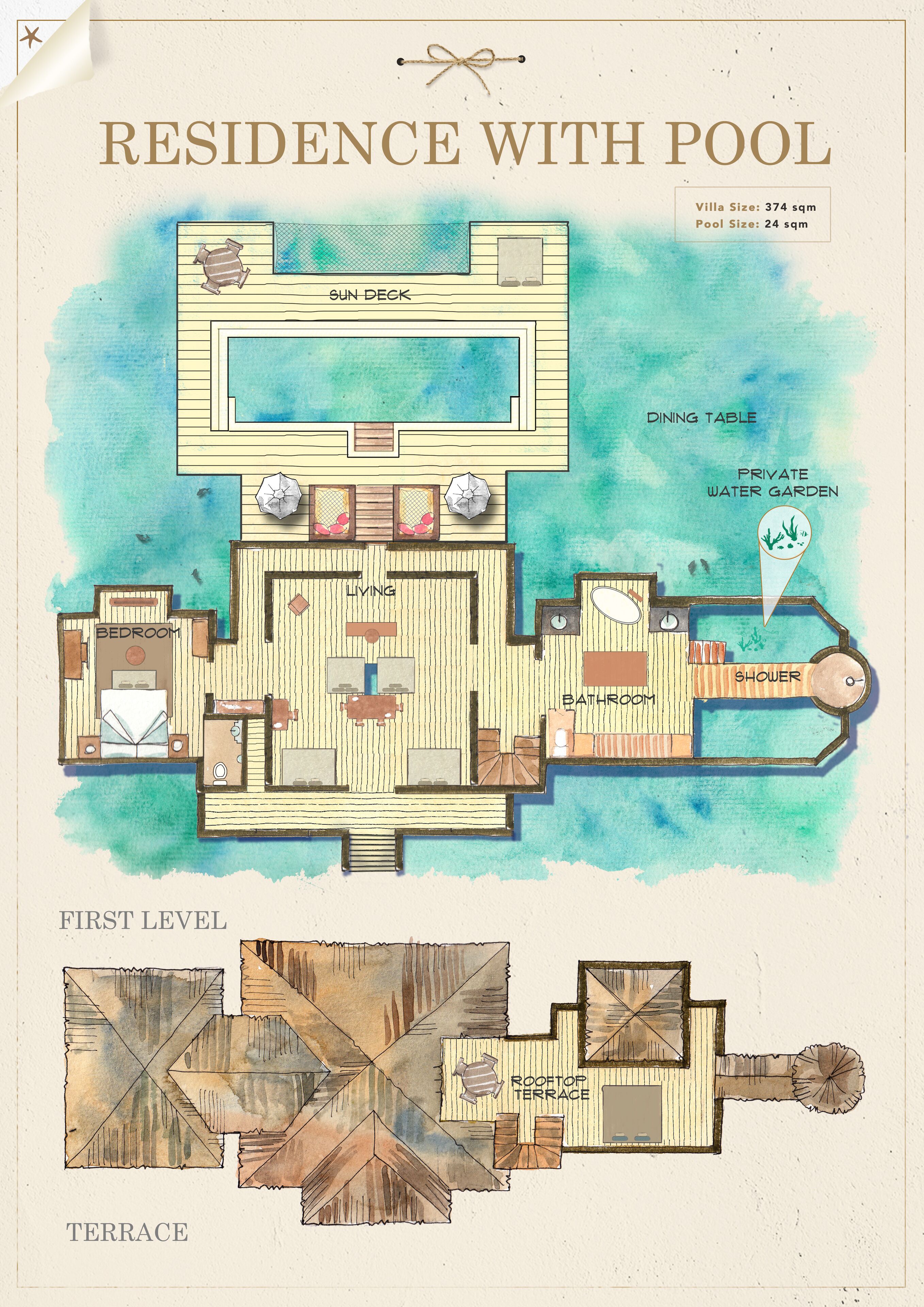 A residence with pool, including a sun deck, dining table, private water garden, bedroom, bathroom, and shower.