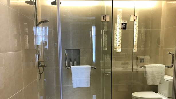 A modern bathroom with a glass shower enclosure, a toilet, and a glass door leading to a shower area. - Don Chan Palace, Hotel & Convention (Vientiane)