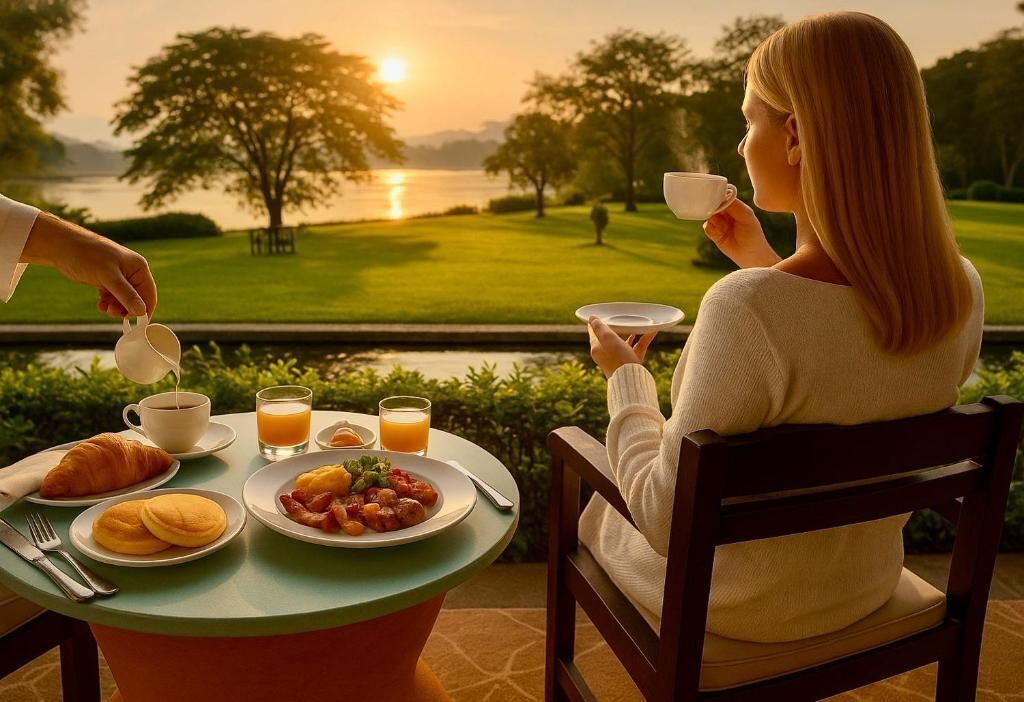 Una escena de desayuno con una mesa, platos de comida y vista a un lago y árboles.