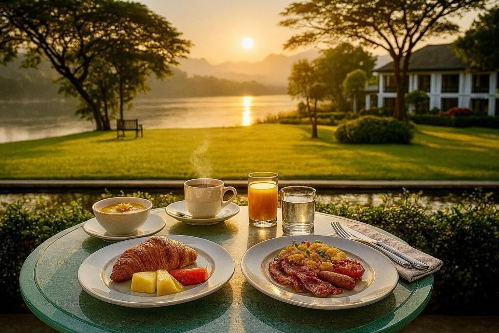 Una mesa de desayuno con cruasanes, fruta y tocino, con vistas a un lago y una casa al fondo.