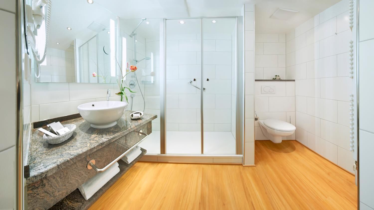 shower, hair dryer, bathrobes, towels