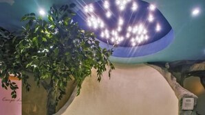 Un espace de détente avec une baignoire, une plante en pot et une décoration en forme de cœur.