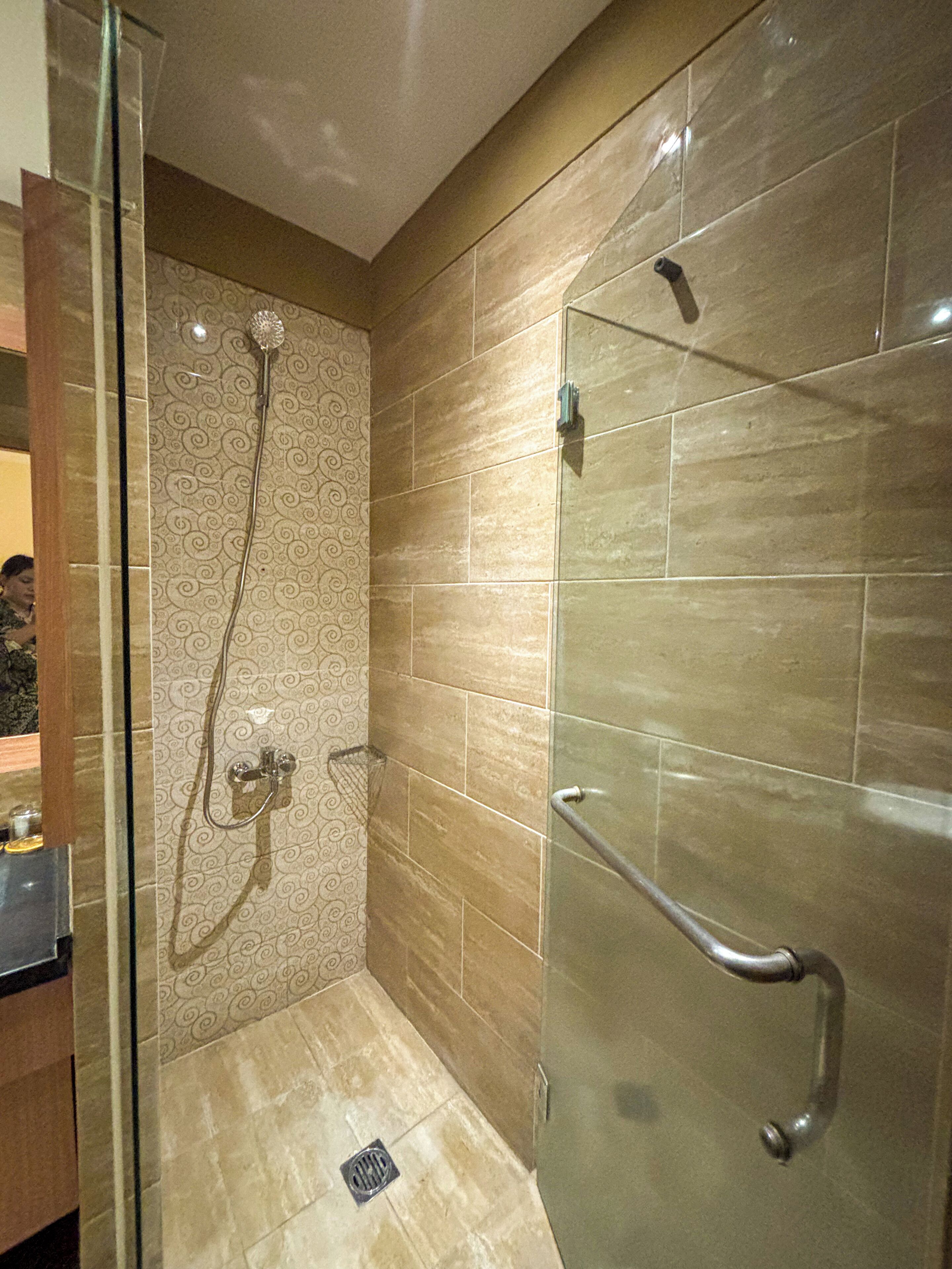 A modern bathroom with a glass shower enclosure, a handrail, and patterned wall tiles.