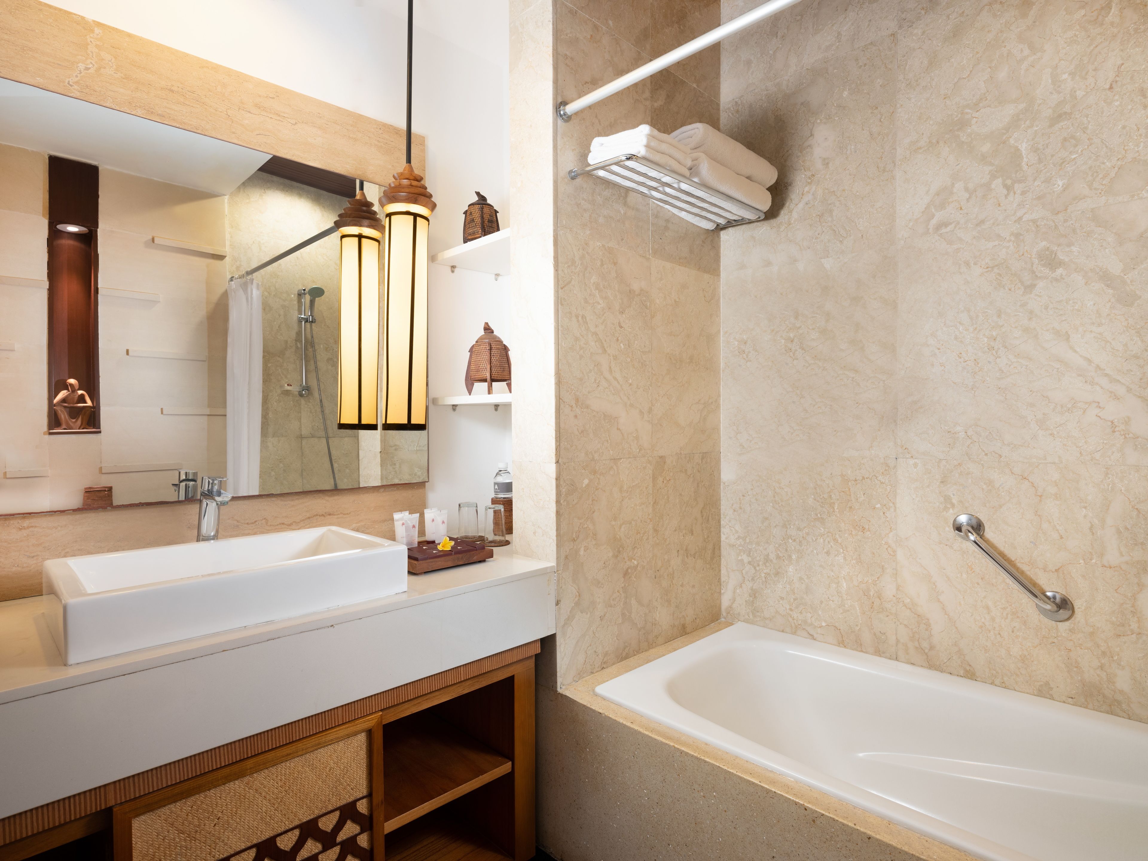 free toiletries, hair dryer, slippers, towels