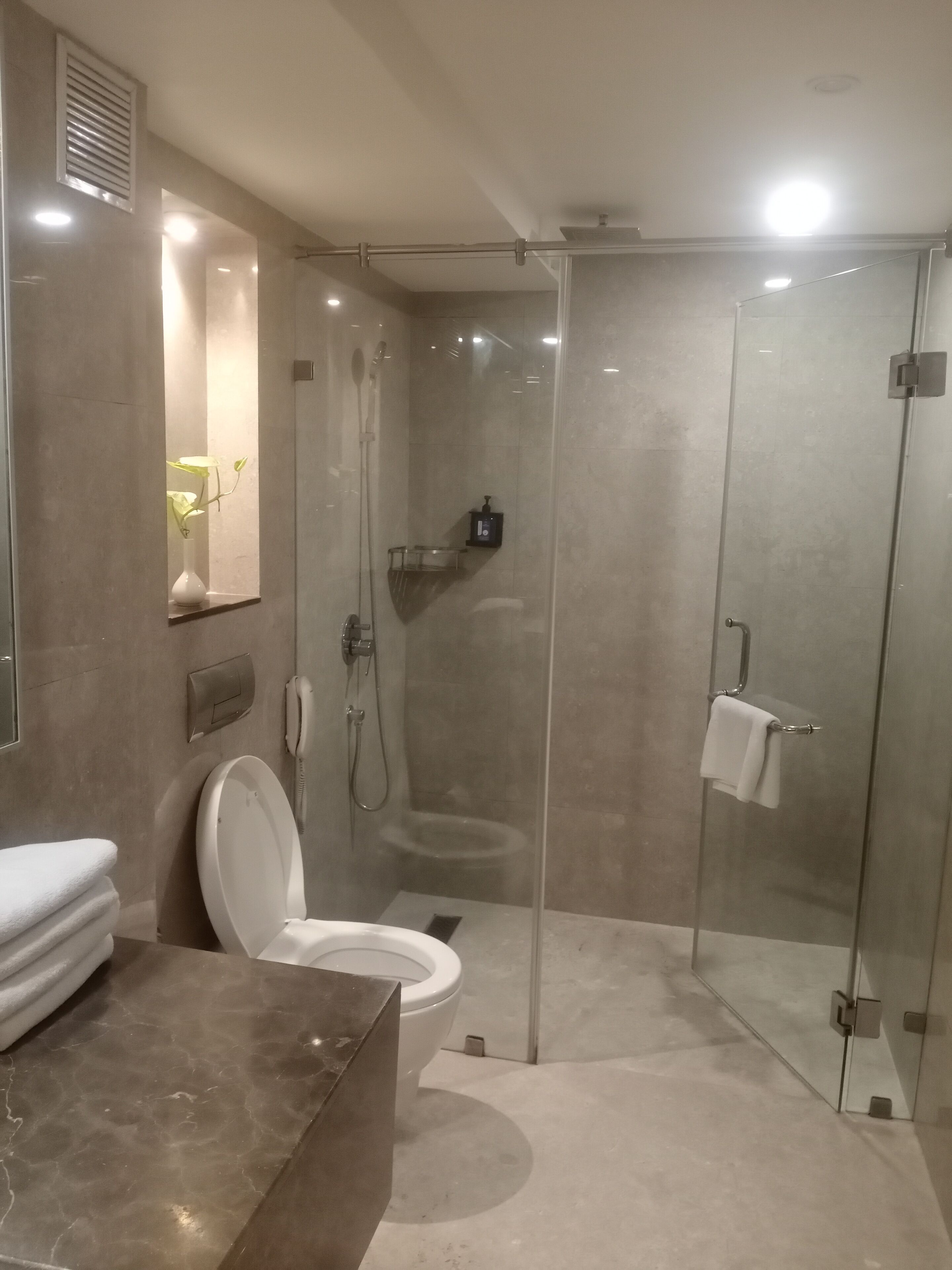 Shower, free toiletries, hair dryer, slippers