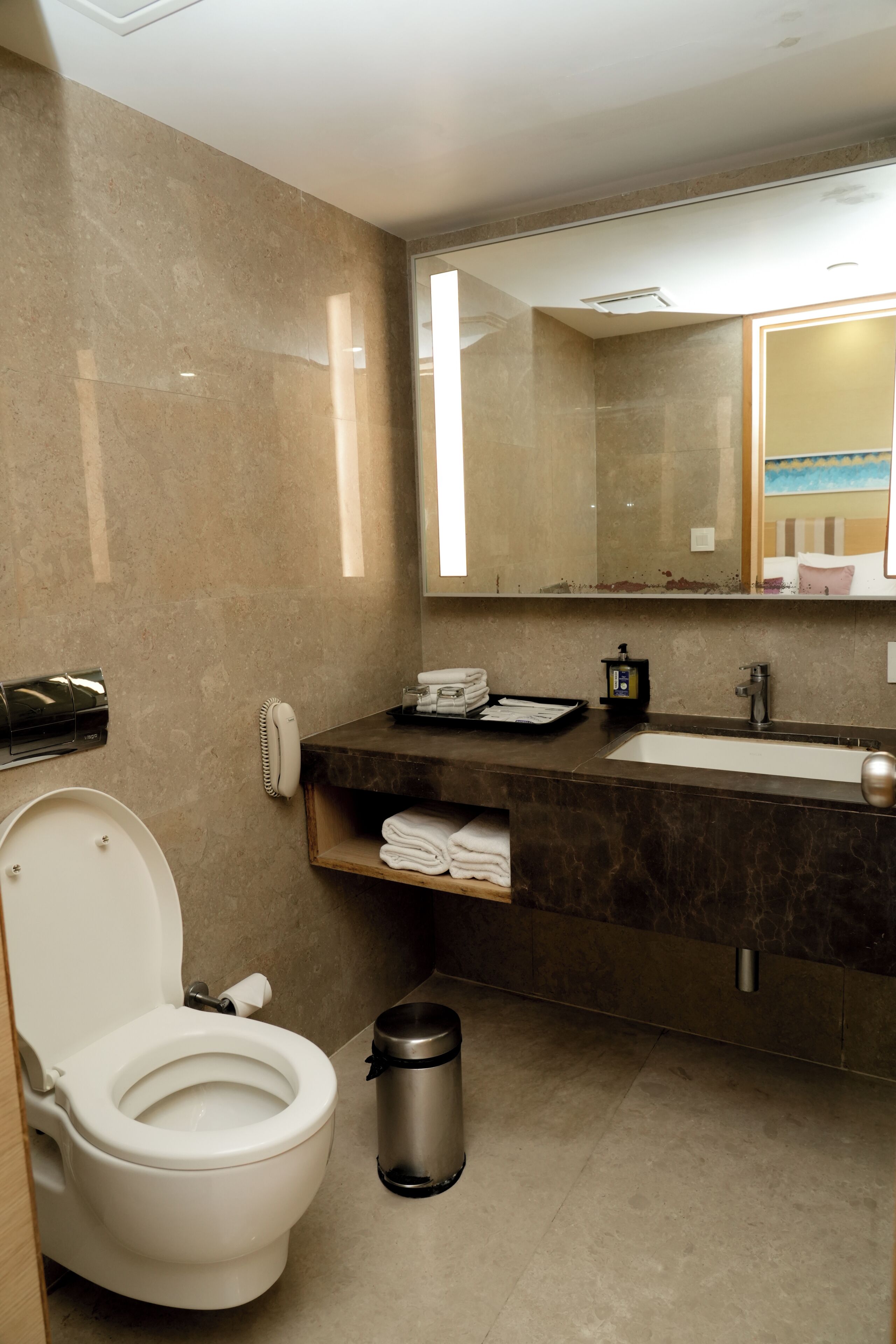 A modern bathroom with a toilet, sink, and mirror.