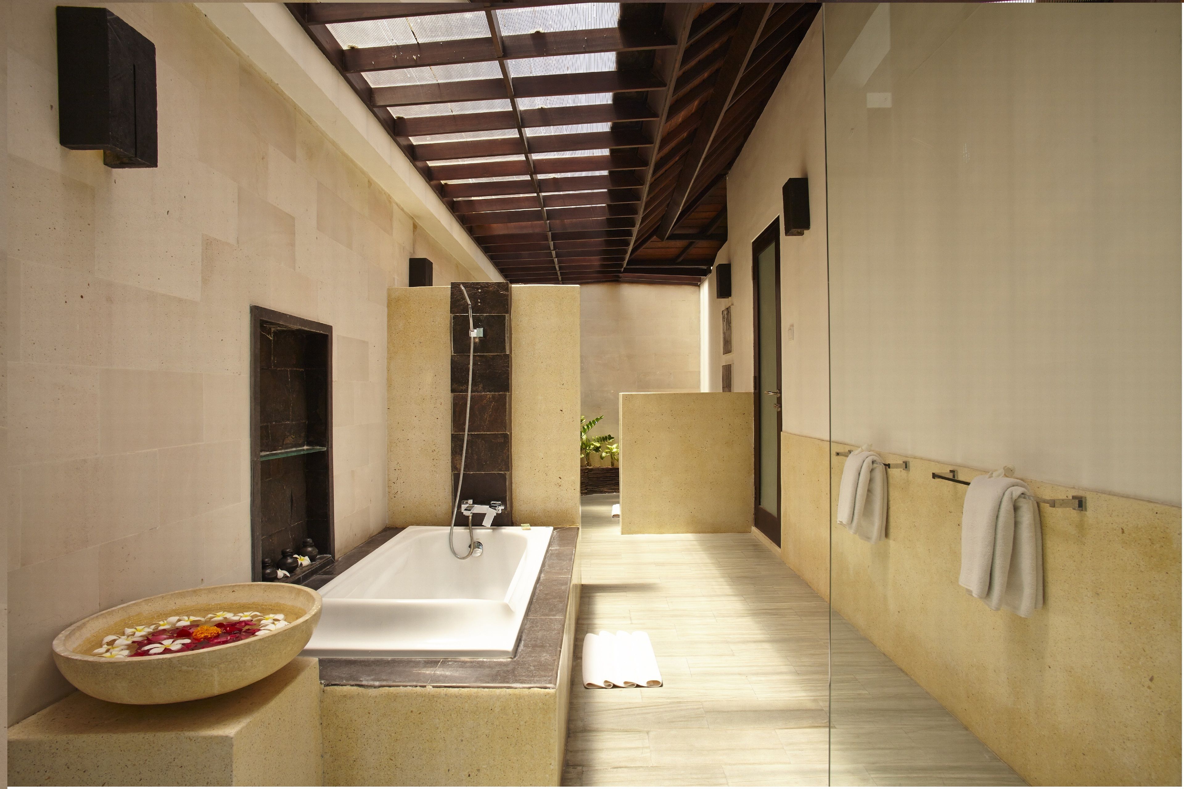 separate bathtub and shower, free toiletries, hair dryer, bathrobes