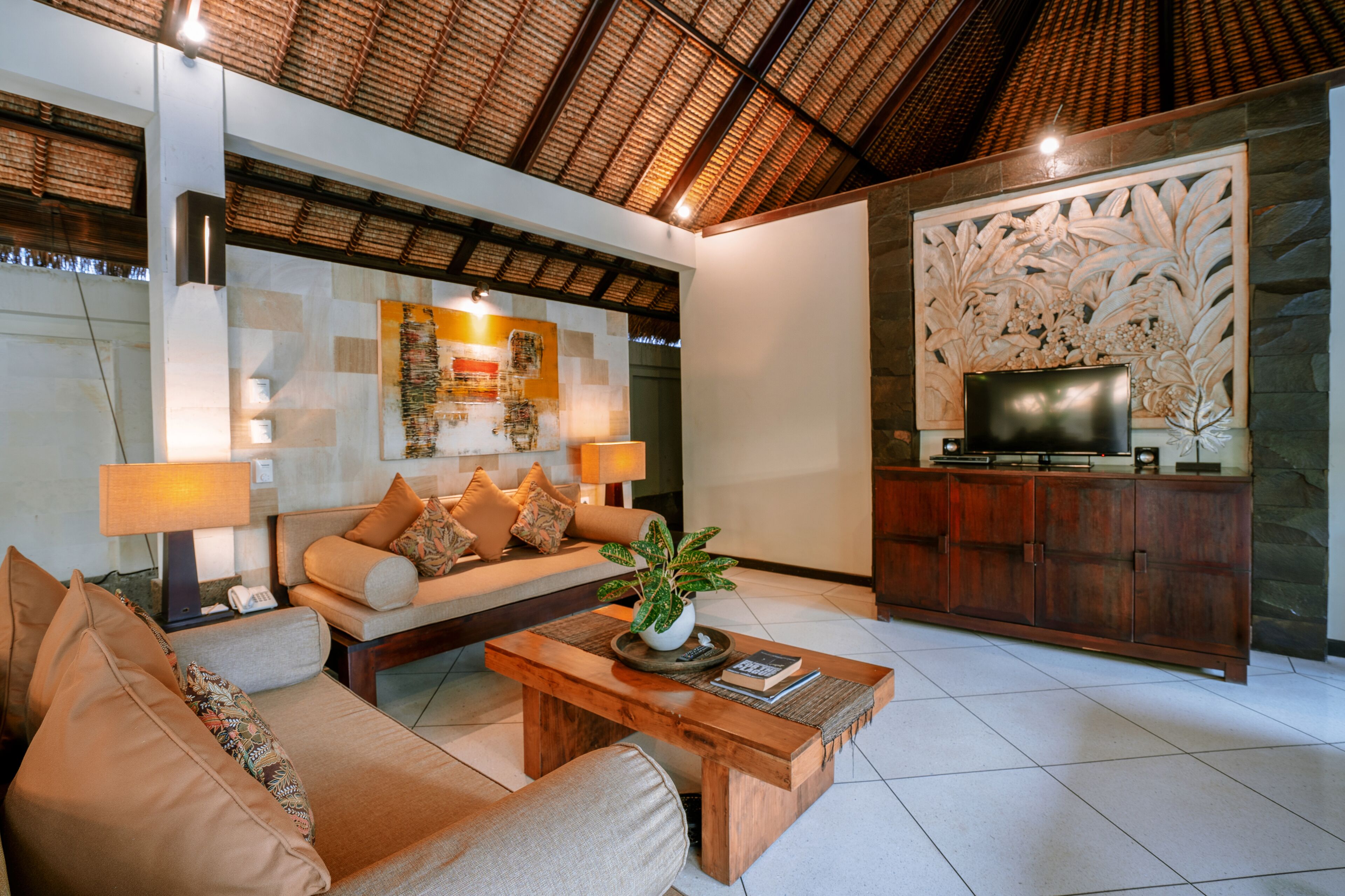 villa, 1 bedroom, private pool | living area | 28-inch lcd tv with cable channels, tv, dvd player