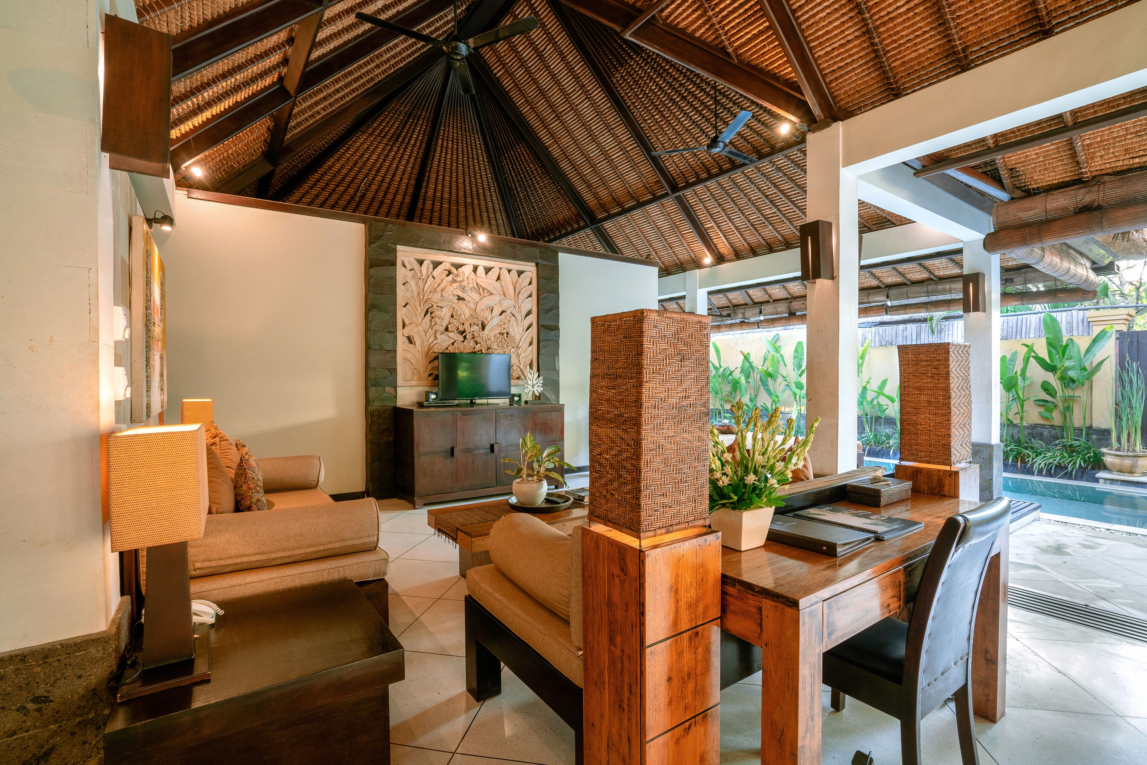 villa, 1 bedroom, private pool | living area | 28-inch lcd tv with cable channels, tv, dvd player