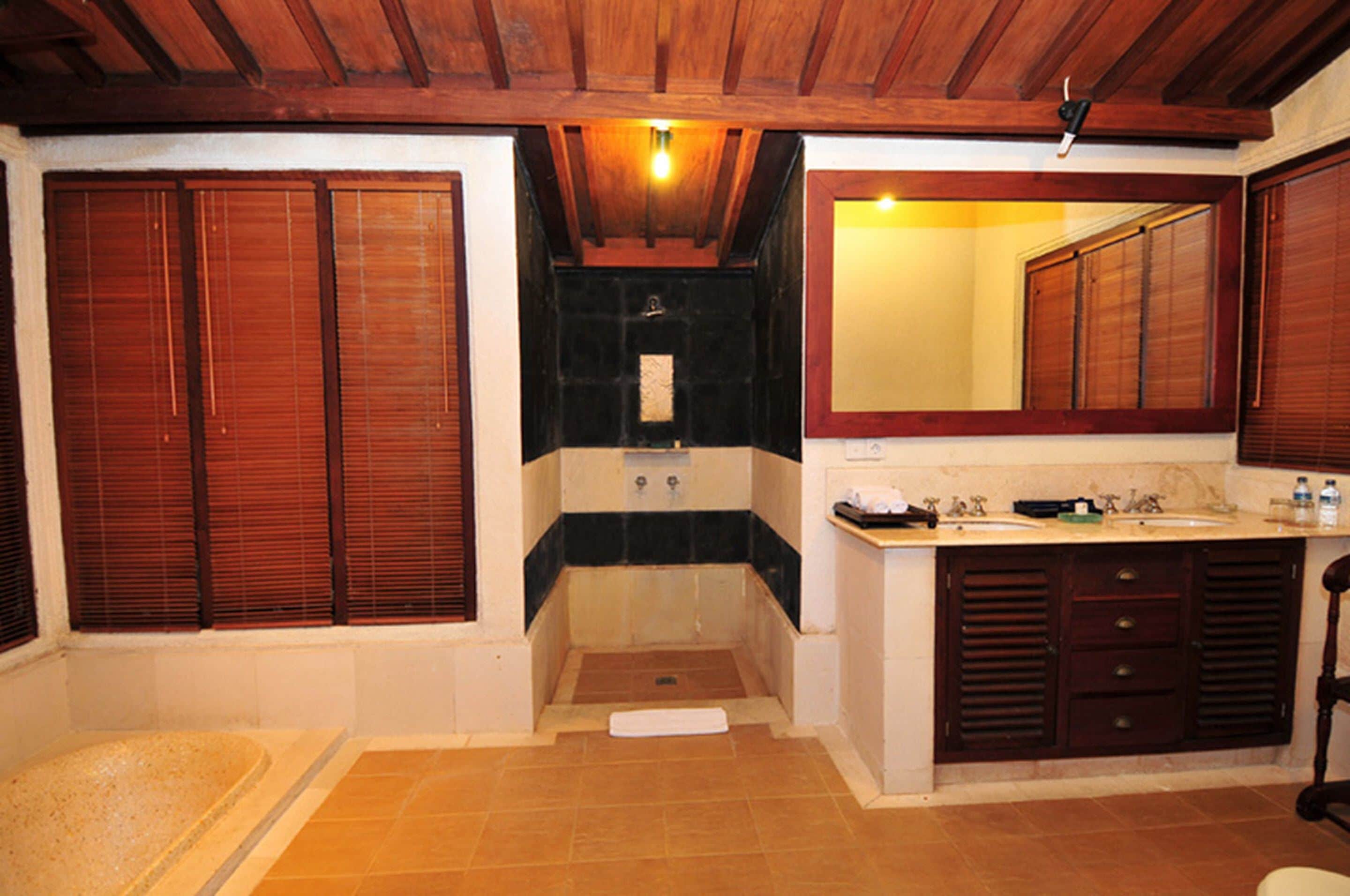Un baño con bañera, ducha y tocador con espejo.