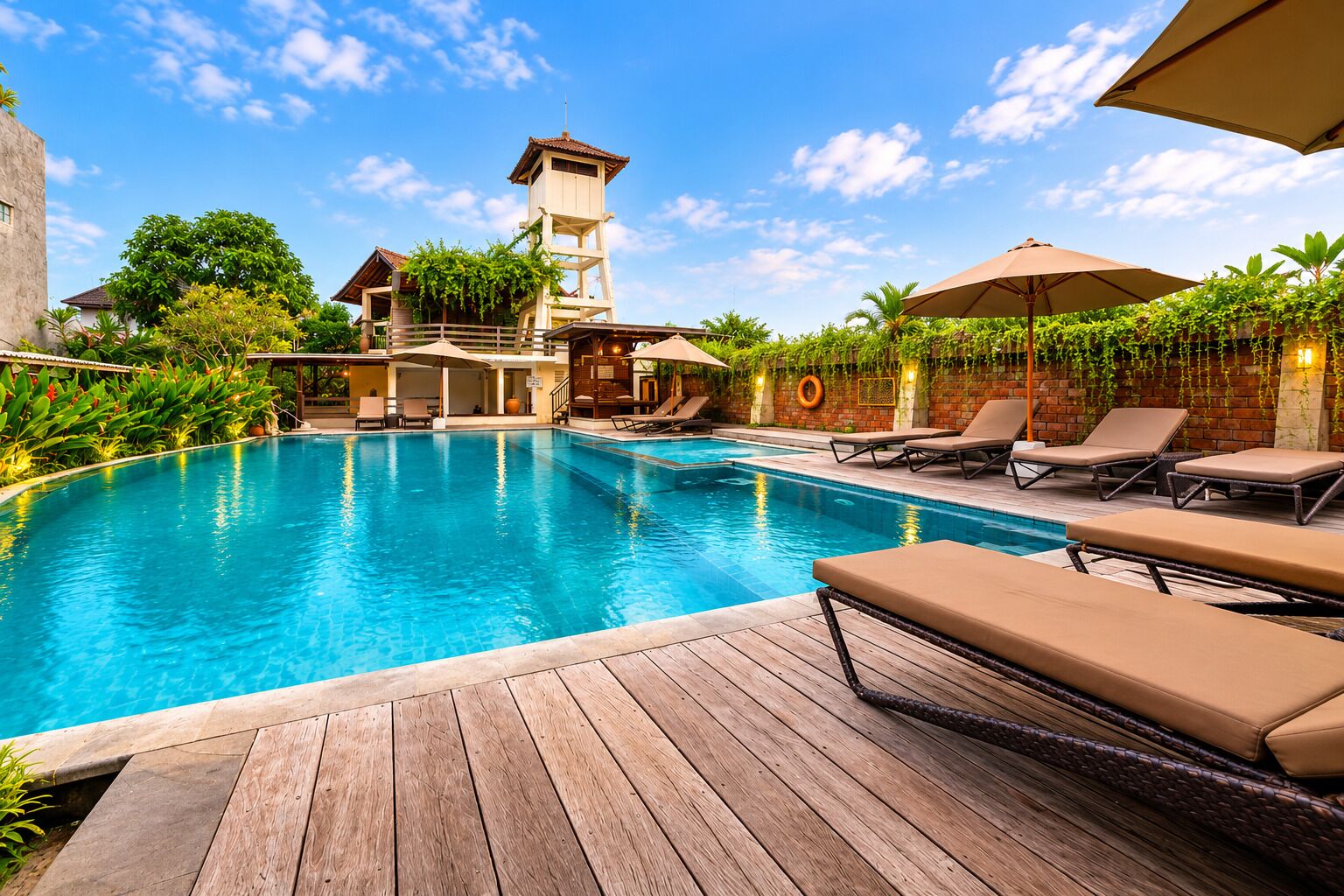 Outdoor pool, pool umbrellas, sun loungers
