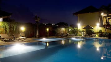 Outdoor pool, pool umbrellas, pool loungers