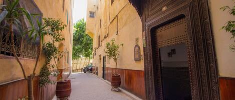 A narrow alleyway with potted plants, a traditional wooden door, and a tiled floor.