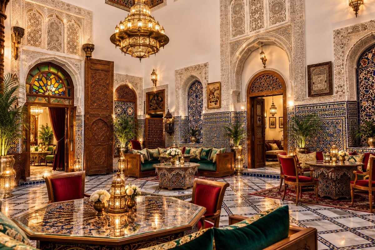 A luxurious interior with ornate tile work, a grand chandelier, and plush seating areas.