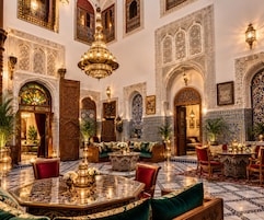 Um interior luxuoso com trabalhos em azulejos ornamentados, um imponente candelabro e áreas de estar acolhedoras.