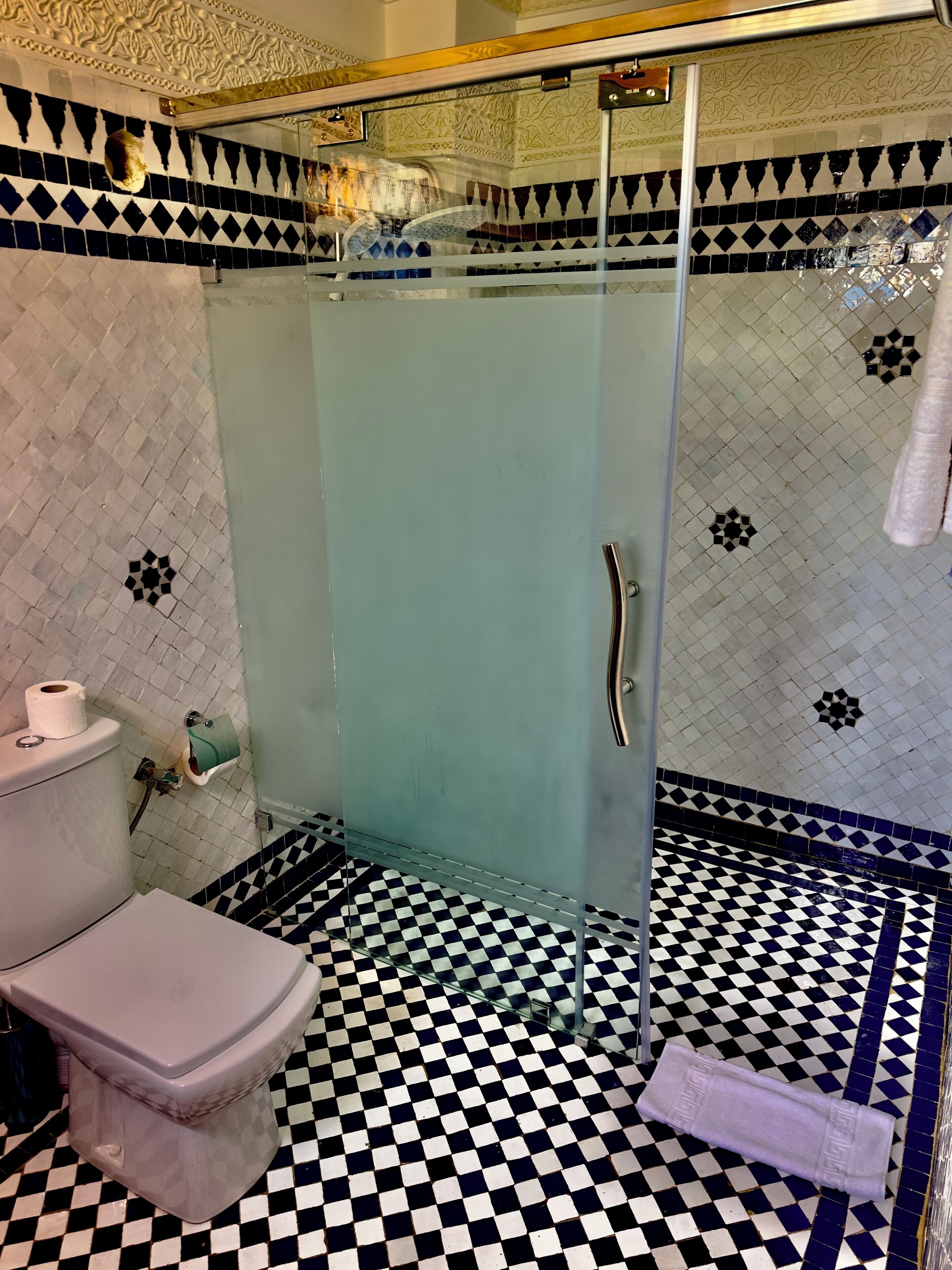 A bathroom with a glass-enclosed shower, a toilet, and a checkered floor.