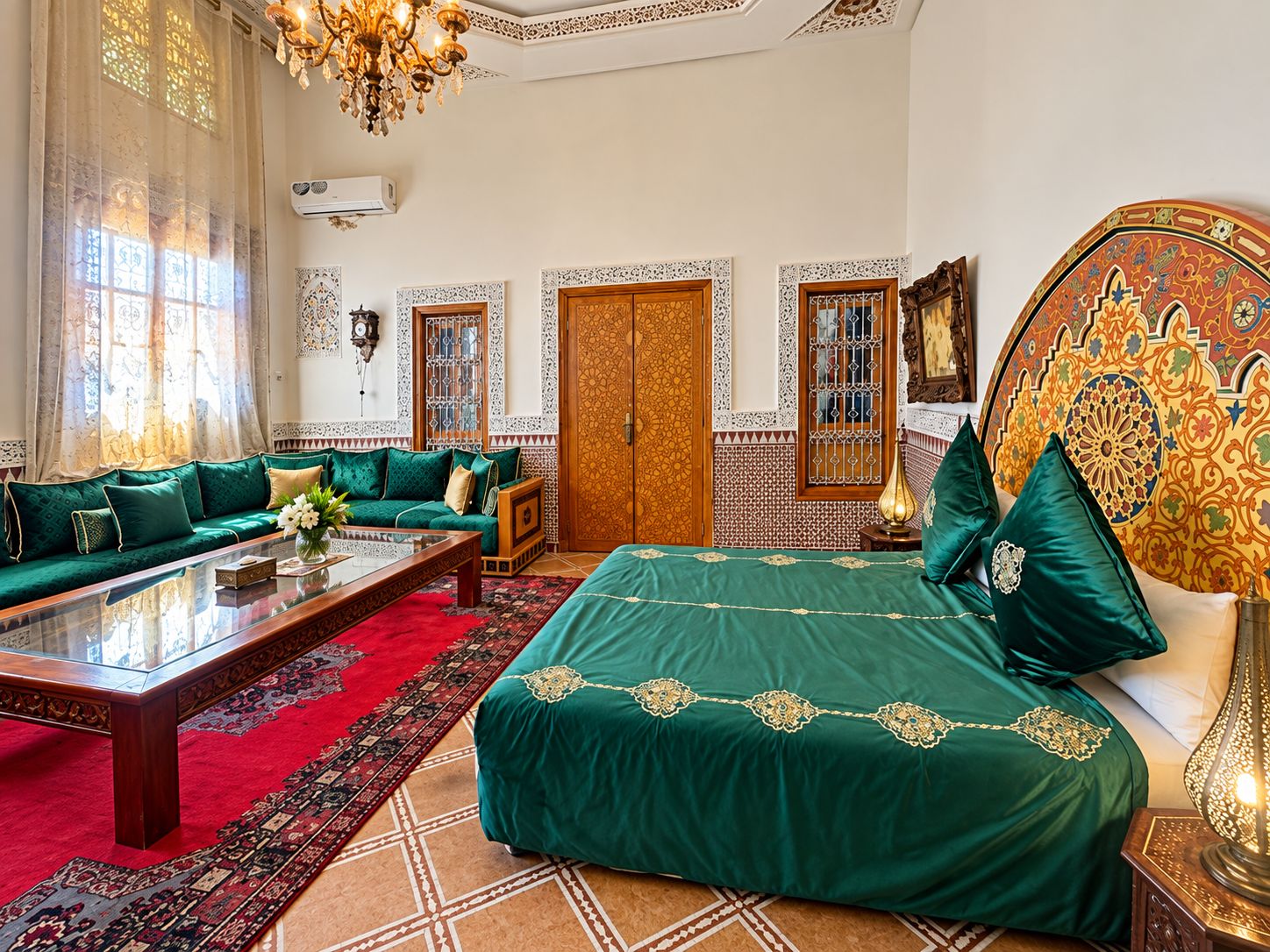 A room with a green sofa, a bed with green bedding, a wooden headboard, and a patterned wall.