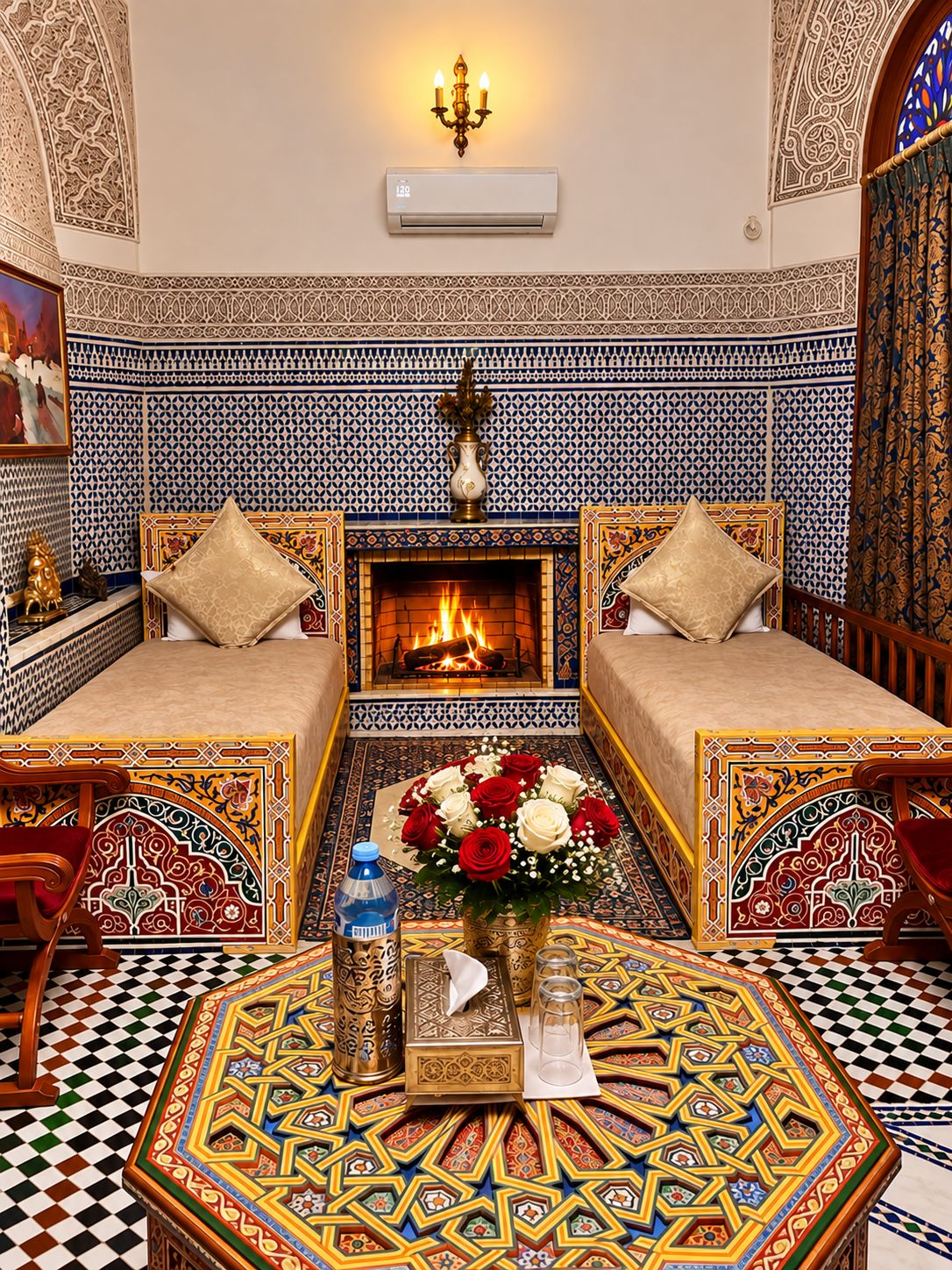 A traditional Moroccan room with a patterned tile wall, a fireplace, two sofas, a coffee table, and a decorative vase.