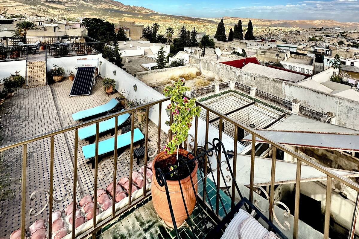 A rooftop terrace with potted plants, a solar panel, and a view of a cityscape.