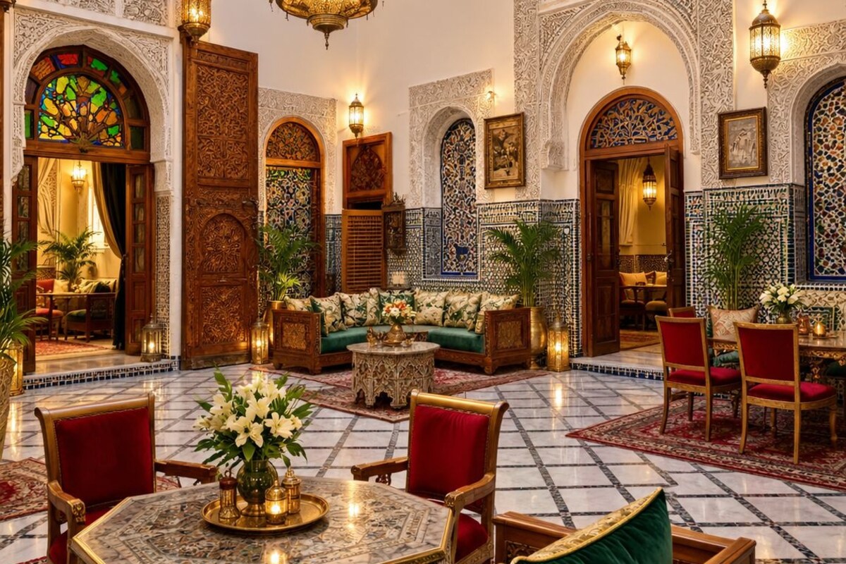 A luxurious interior with ornate arches, a grand chandelier, and a seating area with a marble table.