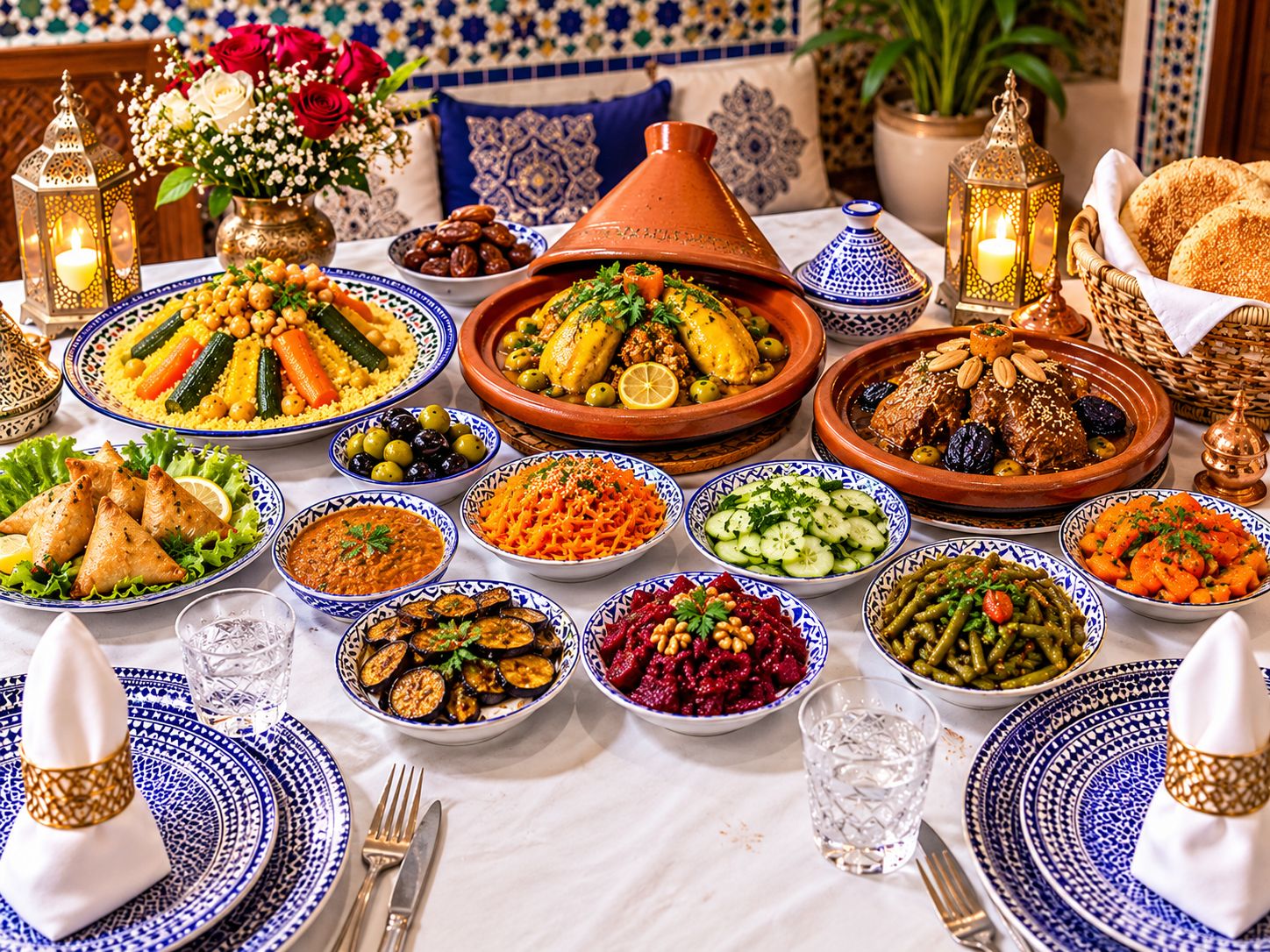 A table set with various Moroccan dishes, including couscous, tagines, and pastries, with traditional decor and lighting.